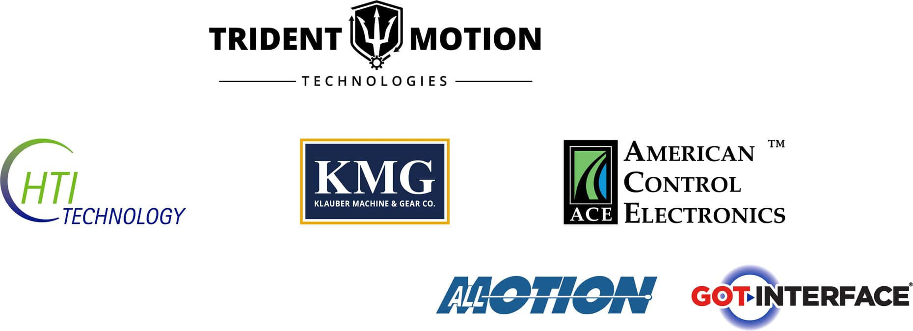 Trident Motion Technologies logo, HTI Technology logo, KMG Klauber Machine & Gear Co. Logo, American Control Electronics logo, AllMotion logo, GOT Interface logo